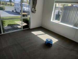 Carpet cleaning service in progress with a drying fan in a residential room, and Triple Star Commercial Cleaning van visible outside.