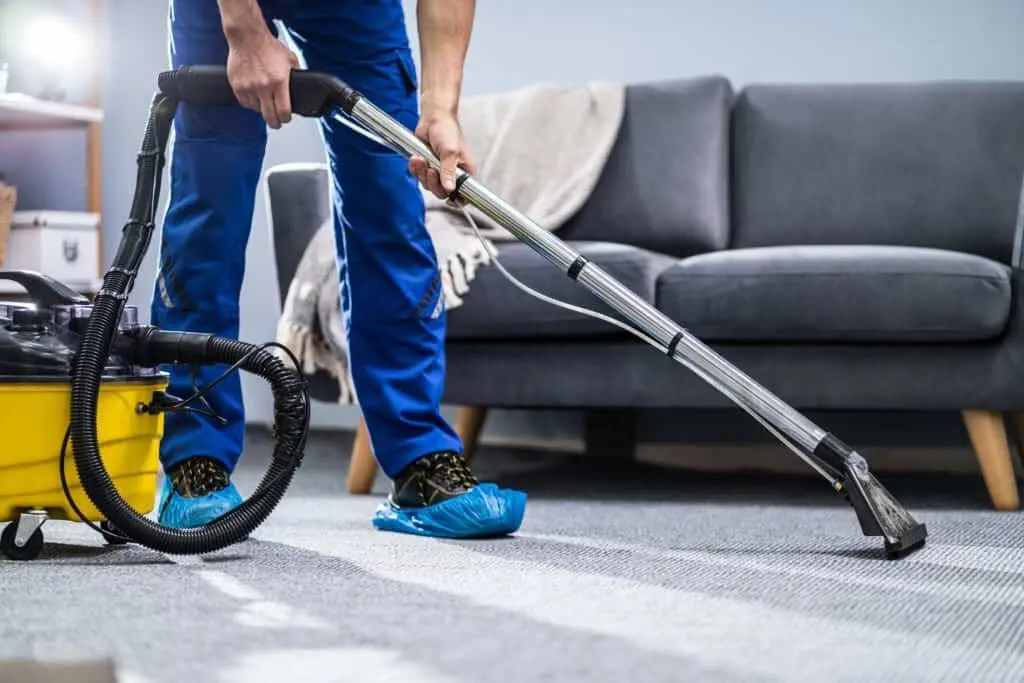 Professional carpet cleaner using an industrial vacuum extractor to deep clean a carpet in a modern living room.