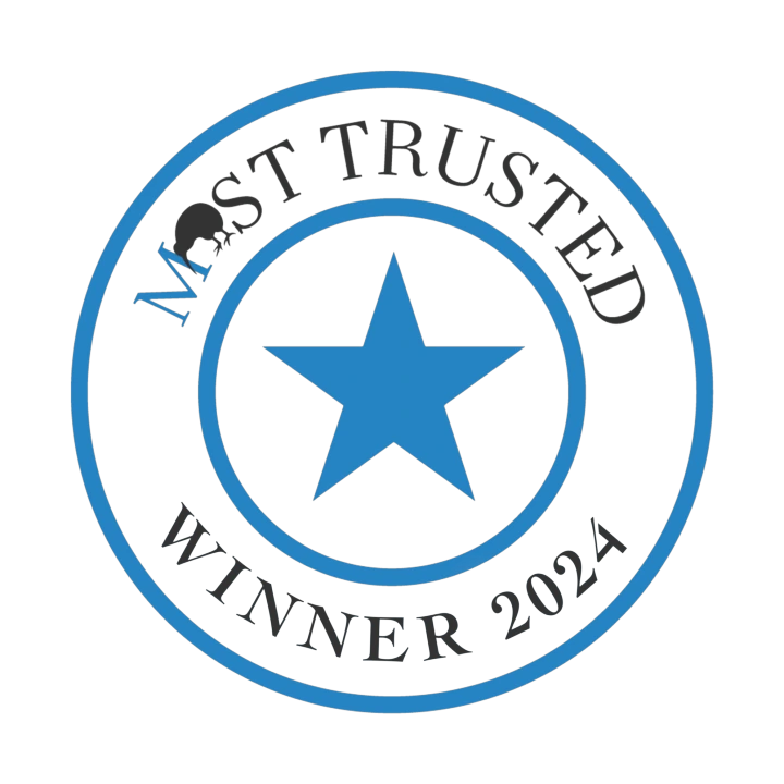 Award badge displaying "Most Trusted Winner 2024" with a prominent blue star in the center.