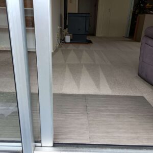 Carpet cleaning in a living room, showing visible improvement with cleaning equipment.