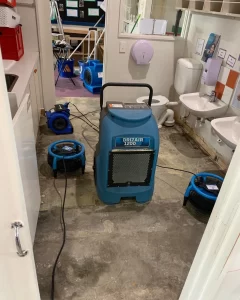 Professional flood restoration equipment, including industrial dehumidifiers and air movers, set up in a water-damaged bathroom.