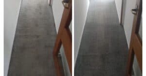 Side-by-side before and after results of professional hallway carpet cleaning.