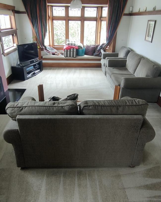 Professionally cleaned couches and carpet in a tidy living room.