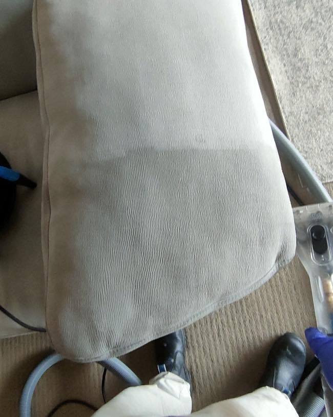 Professional upholstery cleaning on a sofa cushion with visible cleaning results.